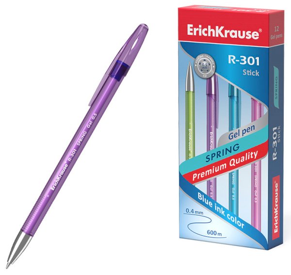Ручка гелевая ErichKrause R-301 Spring Gel Stick, толщина линии 0,4 мм, синяя, 12 штук