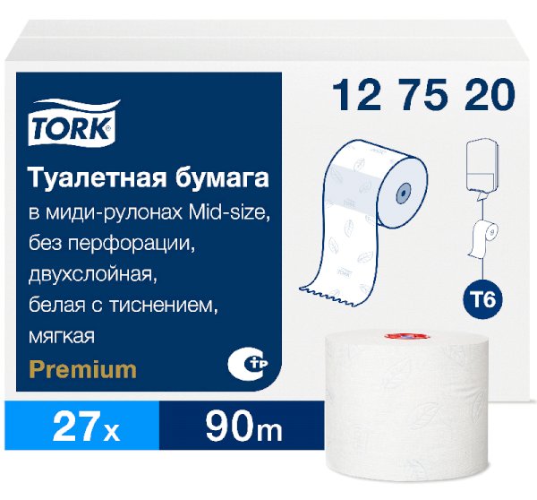 Туалетная бумага Tork Mid-size Premium T6, 2-слойная, белая, 90 метров, 27 рулонов в коробке