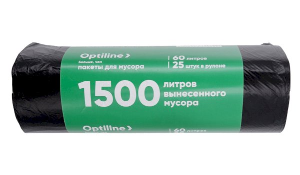 Мешки для мусора Optilinе, 60 литров, 60х80 см, 8 мкм, черные, ПНД, 25 штук в рулоне - фото №1
