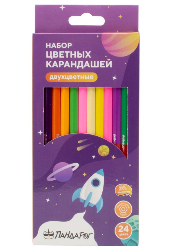 Карандаши цветные ПандаРог Космос, 12 штук, 24 цвета, деревянные, шестигранные, двусторонние - фото №1
