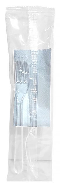 Комплект одноразовых приборов "3" (вилка прозрачная, нож прозрачный, салфетка 24х24 см, белая), 300 штук