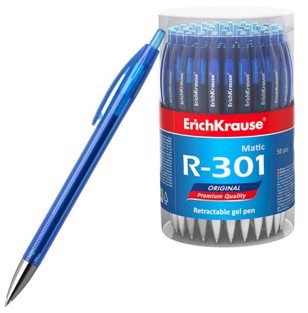 Ручка гелевая автоматическая ErichKrause R-301 Original Gel Matic, синяя, толщина линии 0,4 мм, 50 штук