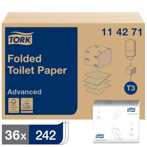 Туалетная бумага листовая Tork Advanced T3, 2-слойная, белая, 242 листа, 36 пачек в упаковке