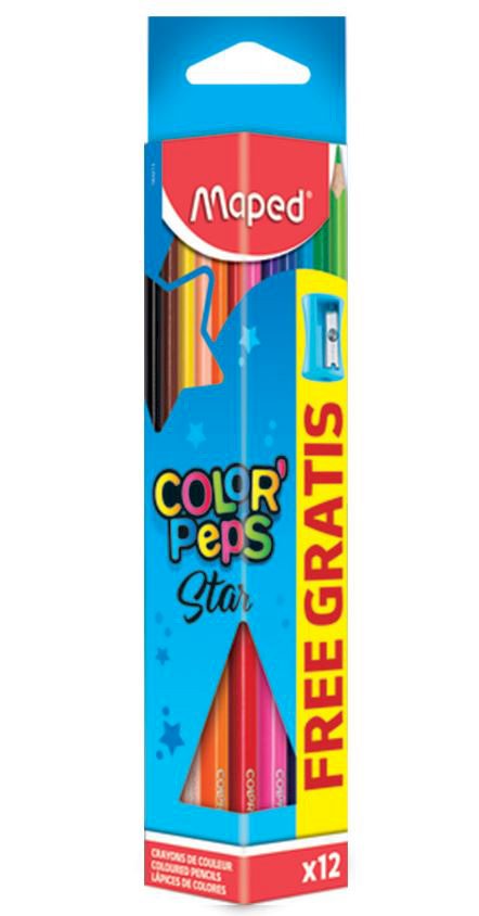 Карандаши цветные Maped Color Pep's из липы, треугольные, ударопрочный грифель, в футляре,12 цветов с точилкой
