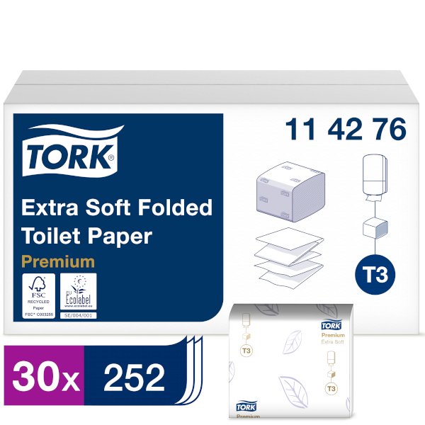 Туалетная бумага листовая Tork Premium T3, 2-слойная, белая, 252 листа, 30 пачек в упаковке - фото №1