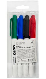 Набор маркеров для белых досок Buro, 4 цвета, пулевидный, 2,5 мм