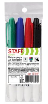Набор маркеров для белых досок STAFF, 4 цвета, 2,5 мм, тонкий корпус