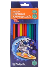 Карандаши цветные ПандаРог Космический Серфер, 12 цветов, пластиковые, шестигранные