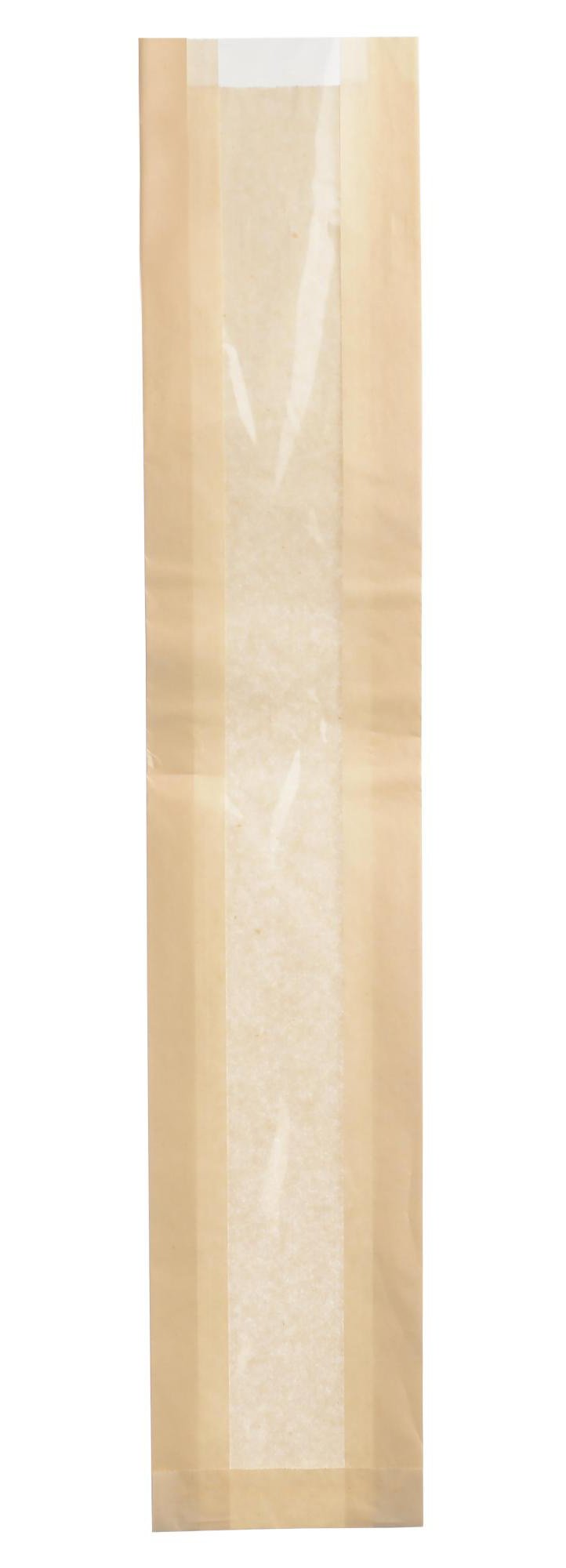 Бумажный пакет с прозрачным окном - удобное и практичное решение для упаковки багетов, батонов, кондитерских изделий и другой выпечки в пекарнях, кондитерских, супермаркетах и кафе. Благодаря влагопрочной пищевой бумаге плотностью 40 г/м2  пакет надежно защищает содержимое от загрязнений, промокания, сохраняя свежесть продукции и привлекательный внешний вид. Он прочный и легкий, хорошо держит форму при транспортировке, экологически безопасен, легко поддается переработке. Окно из прозрачной пленки шириной 50 мм удобно демонстрирует содержимое. Размер пакета 110×40×600 мм с удлиненной формой идеально подходит для упаковки длинных и объемных изделий, а классический бежевый цвет придает упаковке благородный вид. Благодаря презентабельному дизайну пакет также часто используют для подарков и сувениров, текстиля и изделий ручной работы. В упаковке 1500 штук. 
