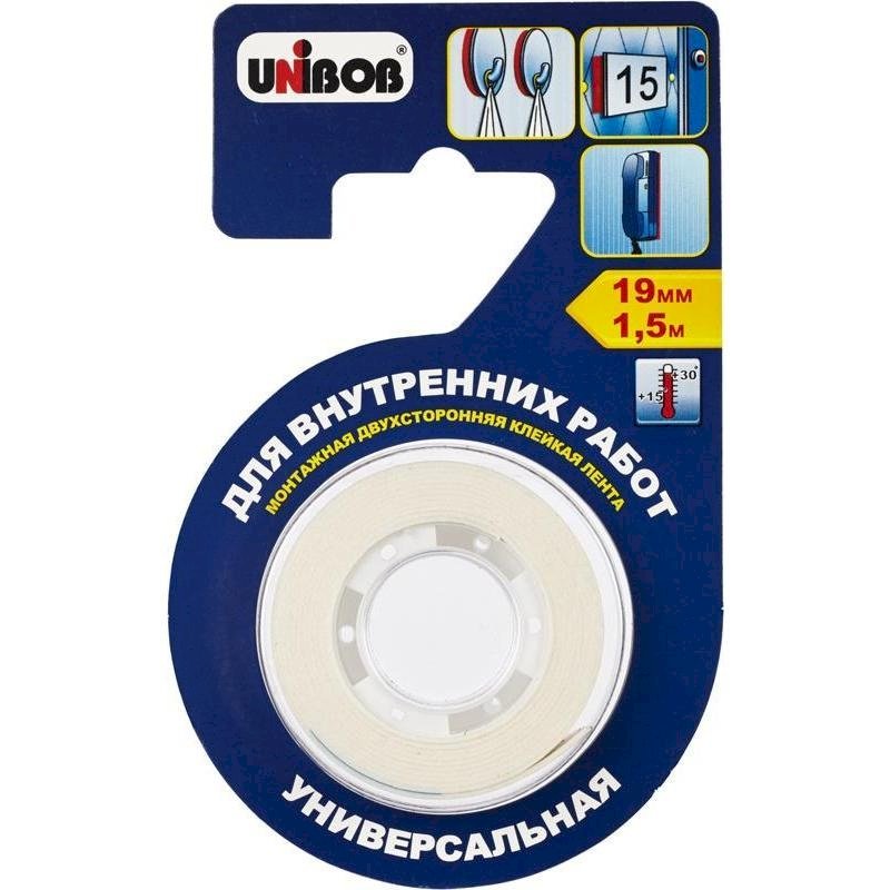 Клейкая лента монтажная двусторонняя Unibob белая 19 мм х 1,5 м