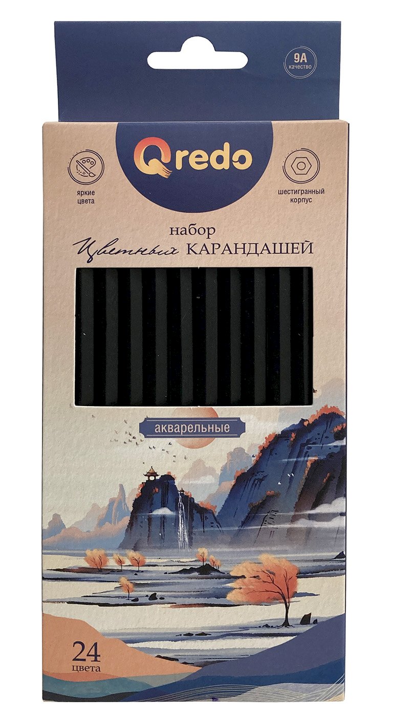 Карандаши цветные Qredo Mountains, 24 цвета, деревянные, шестигранные, акварельные - фото №1