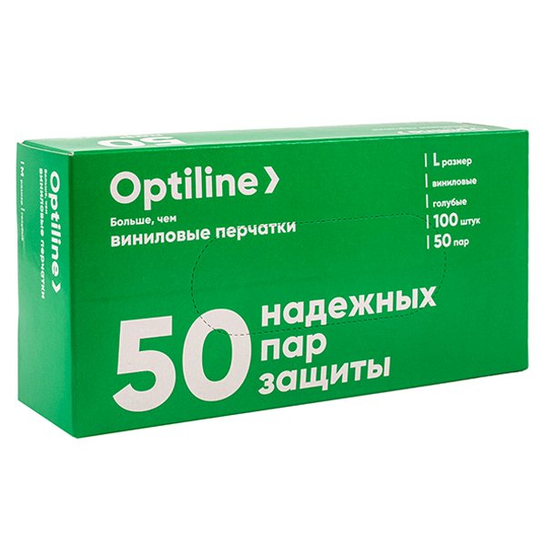 Перчатки виниловые неопудренные Optiline, размер L, голубые, 100 штук