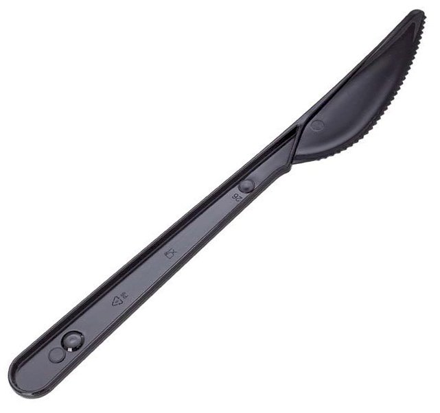 Нож столовый одноразовый, выполнен из черного полистирола. Подходит для использования с горячими и холодными продуктами. Длина 180 мм. В упаковке 50 штук, в коробке - 2500 штук.