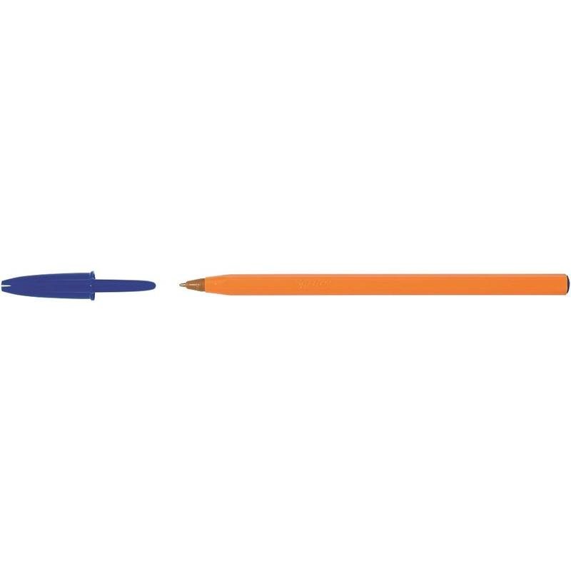 Ручка шариковая BiC Orange синего цвета. Эргономичный шестигранный корпус из оранжевого пластика, колпачок соответствует цвету чернил.Толщина линии письма 0,35 мм. Чернила устойчивы к замерзанию при минусовых температурах. Ручка одноразовая.
