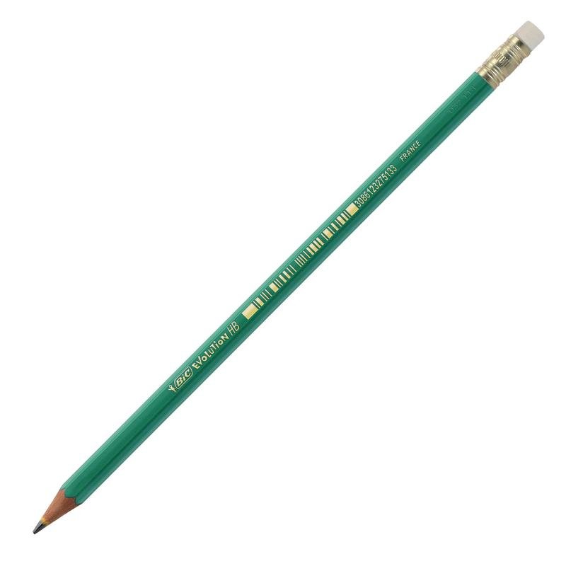 BIC Evolution Eco удобный и надежный карандаш чернографитный. Выполнен из эластичного пластика и имеет ударопрочный грифель. Заточенный, твердость грифеля — HB, диаметр грифеля - 2 мм, с ластиком. Цвет корпуса — зеленый. 