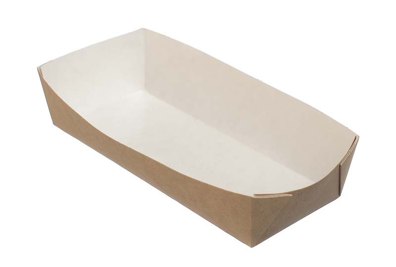 Лоток для хот-дога Оригамо изготовлен из крафтового картона, удерживает жир и влагу. Не требует сборки за счет объемной склейки. Прекрасно заменяет тарелку. 
Размер 165х70х40 мм.  
Объем 400 мл. 
В коробке 800 штук.