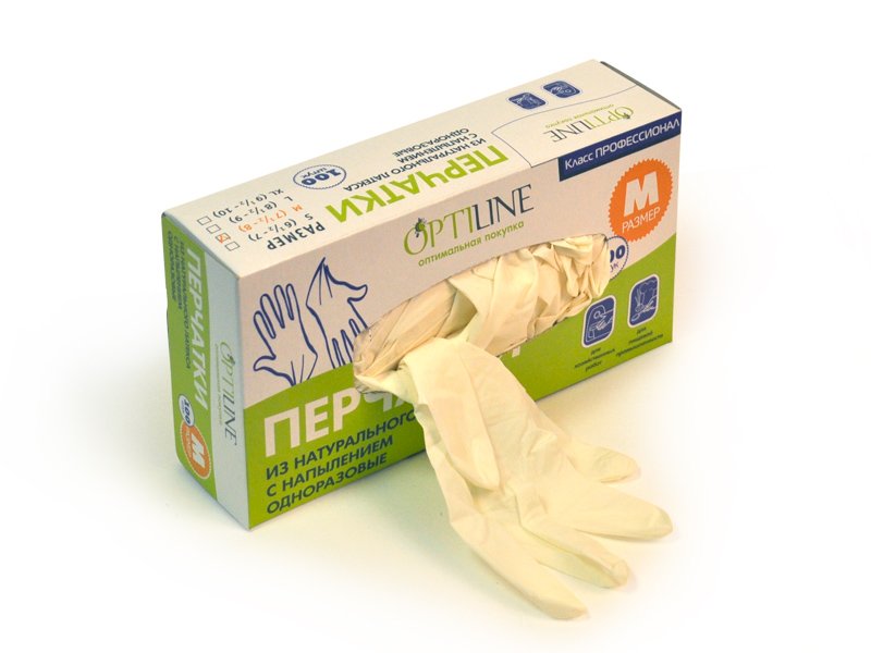 Перчатки латексные опудренные Optiline, размер M, 100 штук в упаковке
