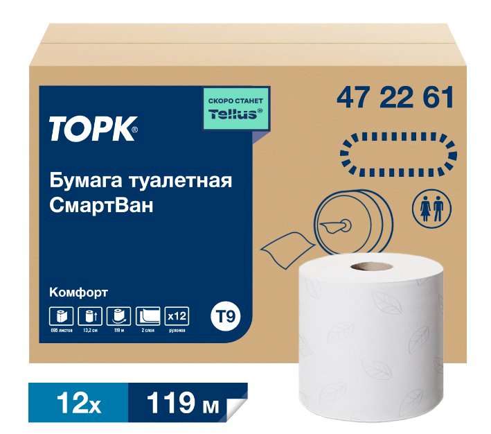 Туалетная бумага Торк СмартВан Комфорт Мини в мини рулонах изготовлена из переработанного сырья. Тиснение обеспечивает повышенную мягкость и впитываемость. Быстро растворяется в воде, не создает засоров системы канализации. Имеет перфорацию. Рулоны совместимы с диспенсерами системы Т9, которая обеспечивает сокращенный расход и комфортное использование туалетной бумаги. Увеличенное количество листов позволяет реже обслуживать диспенсеры. Подходят для туалетных комнат с низкой и средней проходимостью, к которым предъявляются высокие требования. Количество листов 695 штук. Длина намотки 119 метров. Цвет белый. В коробке 12 рулонов.

