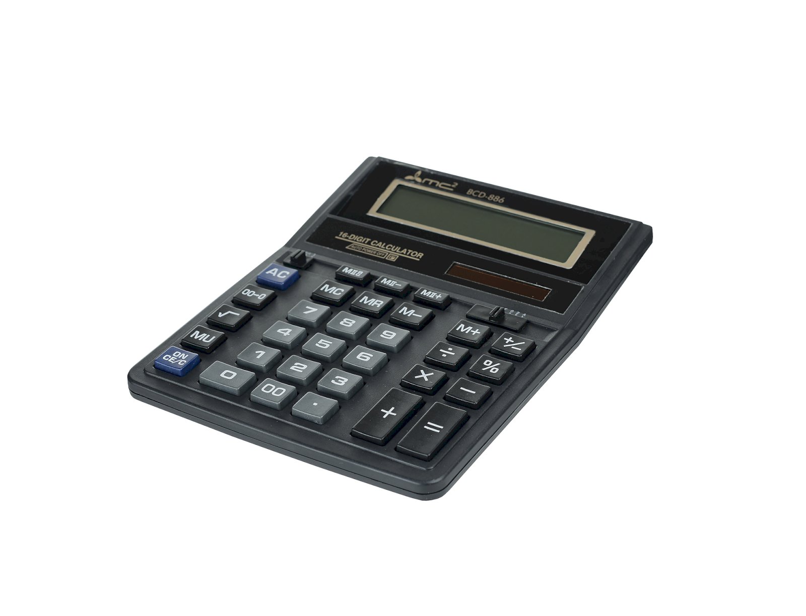 Калькулятор МС2 BCD-886 в пластиковом корпусе с 16-разрядным ЖК-дисплеем. Имеет оптимальный набор вычислительных функций: основные математические операции, расчет процентов, извлечение квадратного корня, запоминание промежуточных результатов. Удобная клавиатура снабжена кнопкой ввода двойного нуля. Питание калькулятора автоматически отключается после пяти минут бездействия. Размер: 159 х 203 х 23 мм. Вес: 232г.