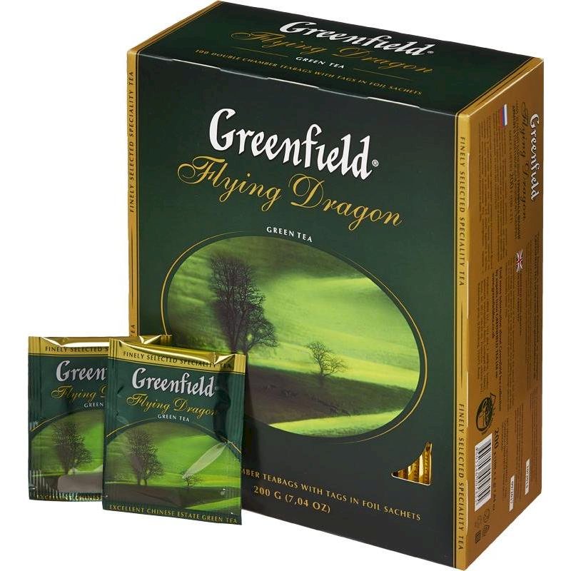 Чай Greenfield Flying Dragon зеленый (Гринфилд) изготовлен из зеленого китайского чая, произрастающего на высоте более 1000 метров в провинции Хунань. На такой высоте чайные листья вырастают особо нежными. Цветочный легкий аромат в сочетании с нежным вкусом оказывает освежающее воздействие, придает энергии и благотворно влияет на работоспособность в течение всего дня. Настой чая имеет желтоватый цвет. Зеленый чай  расфасован в бумажные пакетики, каждый из которых помещен в упаковку из фольги. Фольга идеально сохраняет свойства чая, препятствует отсыреванию и попаданию посторонних запахов, защищает продукт от света. Состав: чай зеленый байховый. В упаковке 100 пакетиков.
