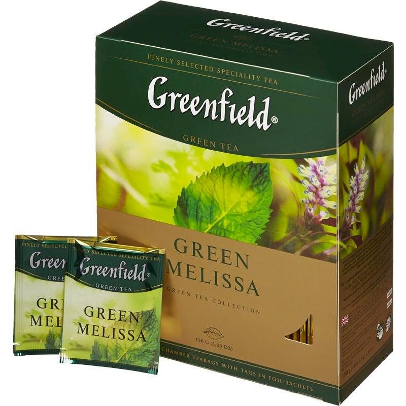 Чай Greenfield Green Melissa зеленый (Гринфилд) изготовлен из китайского зеленого чая и душистых трав — мяты и мелиссы. Обладает мягким шелковистым вкусом, отличающемся терпкостью с сочетанием пряной мяты и лимонного аромата мелиссы. Заваренный чай имеет чистый зеленоватый тон. Превосходно освежает, успокаивает и помогает снять эмоциональное напряжение. Чай расфасован в бумажные пакетики, каждый из которых помещен в упаковку из фольги. Фольга идеально сохраняет свойства чая, препятствует отсыреванию и попаданию посторонних запахов, защищает продукт от света. 
Состав: Чай зеленый байховый, листья мелиссы и мяты, натуральный ароматизатор «Лимон». В упаковке 100 пакетиков.