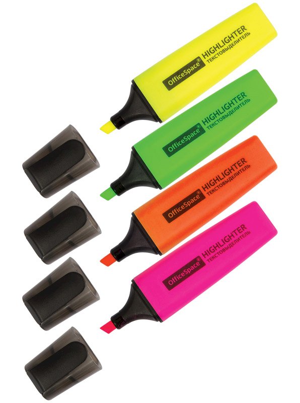 Набор текстовыделителей с флуоресцентными чернилами на водной основе. Цвет пластикового корпуса соответствует цвету чернил. Скошенный наконечник обеспечивает линии толщиной от 1 до 5 мм. 4 цвета в наборе: желтый, оранжевый, розовый, зеленый. Поставляется в прозрачном пластиковом чехле.