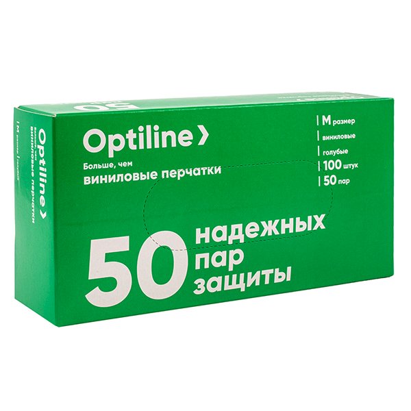 Перчатки виниловые неопудренные Optiline, размер М, голубые, 100 штук