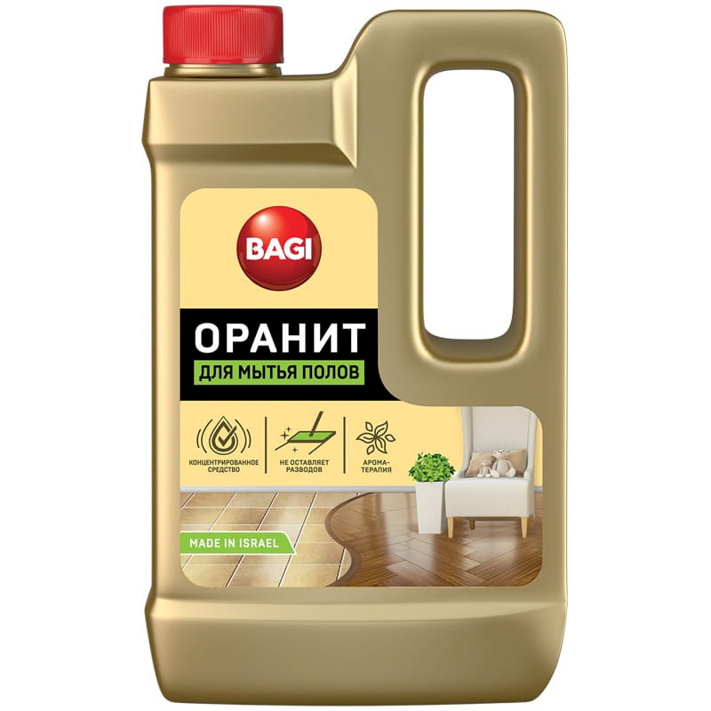 Средство для мытья полов Bagi Оранит является эффективным антибактериальным концентрированным средством для мытья полов и других поверхностей. Легко справляется с загрязнениями, не оставляет разводов, обеспечивает блеск очищаемых поверхностей, имеет приятный запах, удаляет стойкие пятна и жир. 