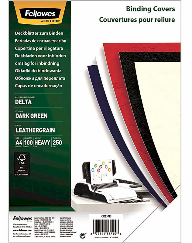 Обложки для переплета картонные Fellowes, кожа, А4, 250 г/м2, синие