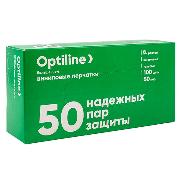 Перчатки виниловые неопудренные Optiline, размер XL, голубые, 100 штук