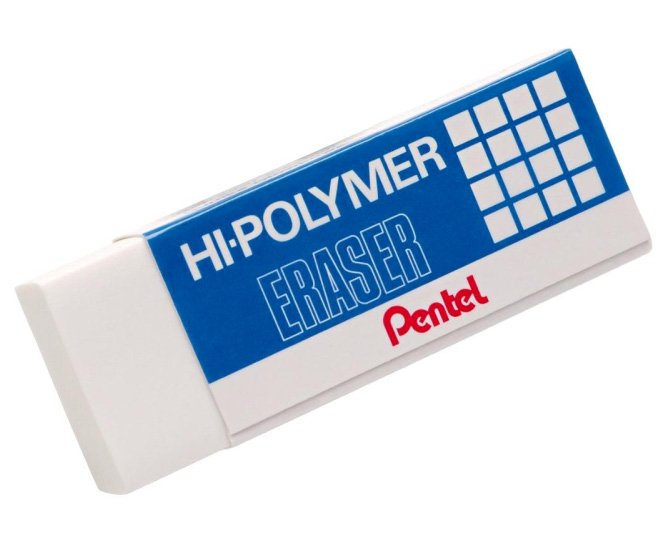 Ластик Pentel Hi-Polymer Eraser  выполнен из натурального каучука. В состав ластика включены микрокапсулы специального растворяющего вещества для качественного удаления надписей без деформации бумажной поверхности. Обеспечивает мягкое и легкое стирание. Оснащен бумажным держателем для предотвращения перекрестного загрязнения. Размер 35х16х11,5 мм. Цвет белый.