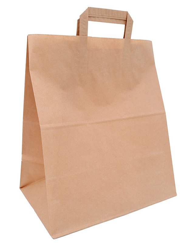 Бумажный крафт пакет-сумка с плоскими ручками отлично подходит для пищевых продуктов и бытовых товаров. Благодаря плотной бумаге 80 г/м2, пакет обладает высокой прочностью и отлично держит форму. Размер пакета 32х37 см, ширина бокового фальца 20 см. В упаковке 200 штук.