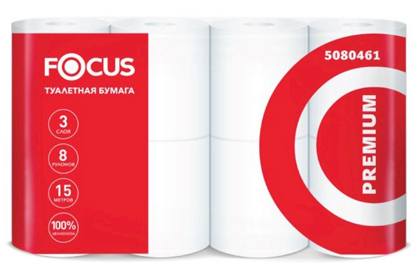 Туалетная бумага Focus Premium, 3-слойная, белая, 8 рулонов в упаковке