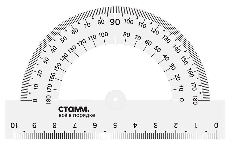 Транспортир СТАММ 180 градусов, 10 см, пластик, прозрачный