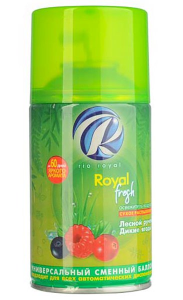 Освежитель воздуха Royal fresh Лесной ручей и дикие ягоды представляет собой сменный баллон с сухим распылением. Подходит для различных автоматических диспенсеров. Аромат лесного ручья и диких ягод позволит быстро избавиться от неприятных запахов в помещении. Легко устраняет запахи, надолго оставляет свежесть в помещении.