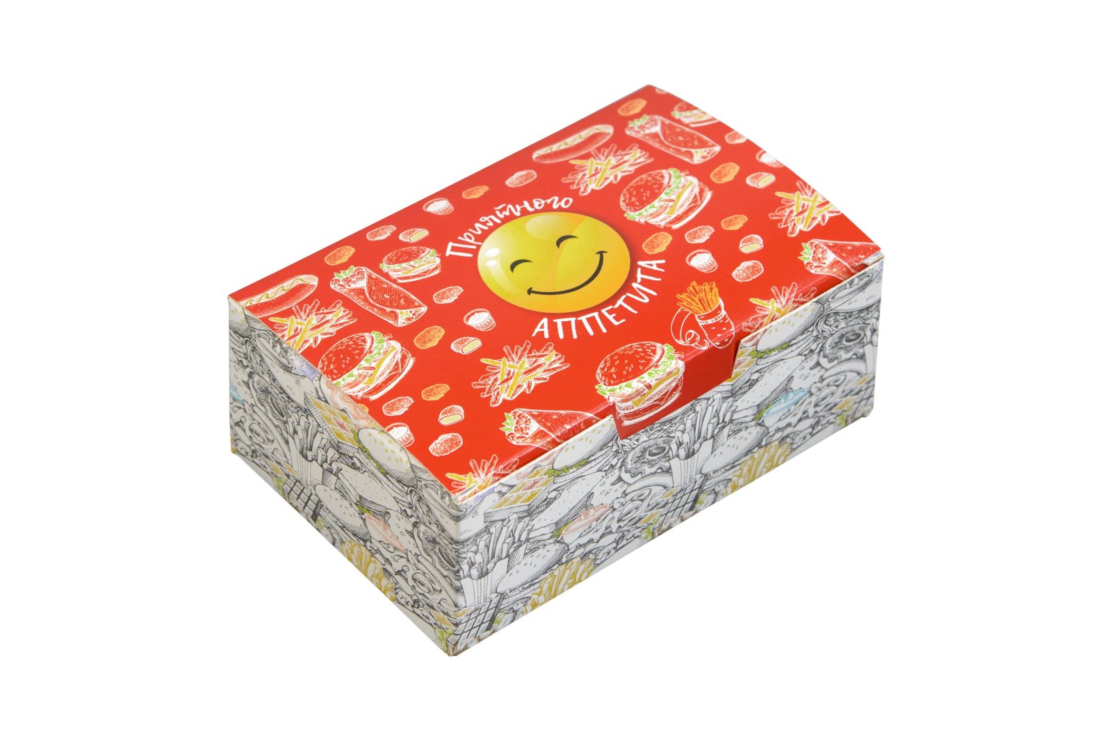 Коробка для еды навынос Оригамо "Smile", изготовлена из картона. С внешней стороны нанесен рисунок. Можно использовать для разогрева еды в микроволновой печи. Размер 115х75х45 мм. В коробке 200 штук.