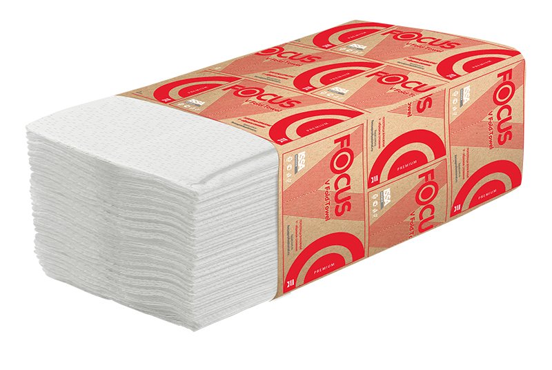 Полотенца бумажные Focus Premium 2-слойные, V-сложения, из 100% целлюлозы.  
Благодаря тиснению полотенца мякие и прекрасно впитывают.  
В пачке 200 листов, размер листа 23х23 см. В коробке 15 пачек.  