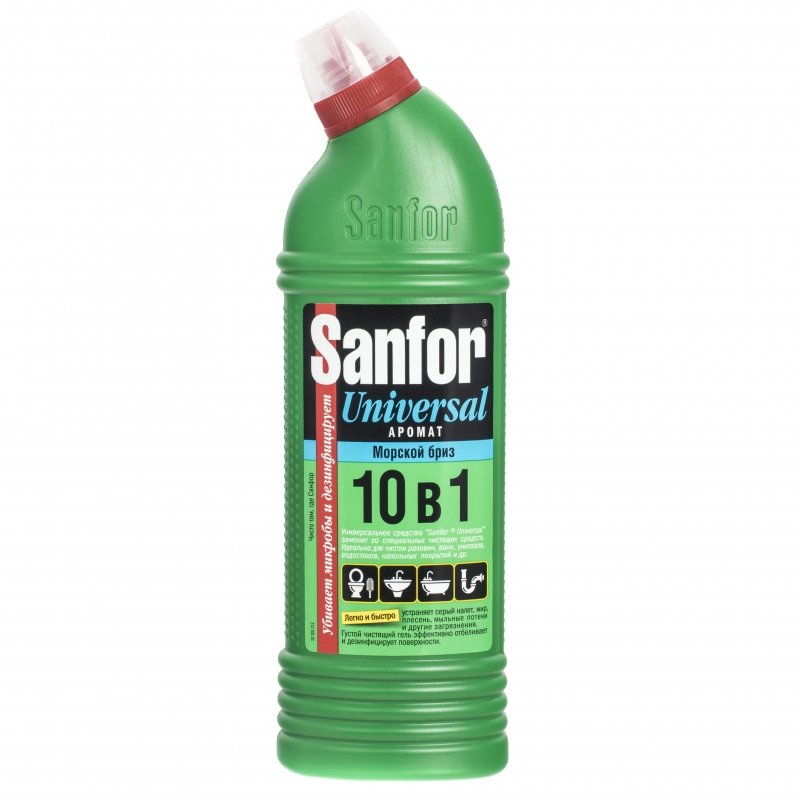 Универсальный чистящий гель Sanfor Universal 10-в-1 предназначен для чистки раковин, ванн, унитазов, водостоков и напольных покрытий. Быстро устраняет любые загрязнения, в том числе известковый налет и плесень. Эффективно борется с бактериями и грибком, устраняет неприятные запахи. В пластиковом флаконе 750 мл. В транспортной коробке 15 флаконов.