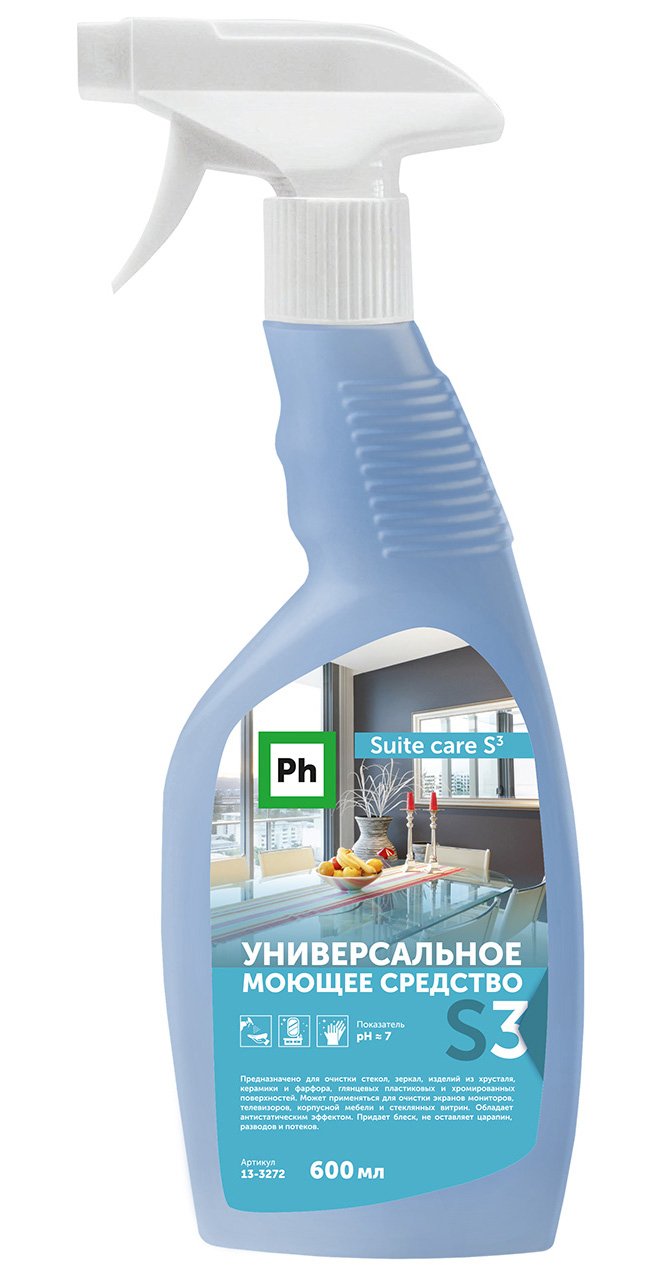 Ph Suite care S3 Универсальное моющее средство предназначено для очистки стекол, зеркал, изделий из хрусталя, керамики и фарфора, глянцевых пластиковых и хромированных поверхностей. Может применяться для очистки экранов мониторов, телевизоров, корпусной мебели и стеклянных витрин. Обладает антистатическим эффектом. Придает блеск, не оставляет царапин, разводов и потеков.

Состав: >30% вода деионизированная, НПАВ, спирт изопропиловый, акриловый полимер, краситель, парфюмерная композиция.

Способ применения: Нанести средство на чистую сухую салфетку, протереть поверхность и заполировать насухо.

Показатель рН ~ 7

Меры предосторожности: Работать в перчатках. При попадании средства в глаза промыть их проточной водой. При необходимости обратиться к врачу. Не употреблять внутрь.

Хранение и транспортировка: Хранить в недоступном для детей месте, отдельно от пищевых продуктов и лекарственных средств, вдали от источников тепла, при температуре от -5°С до +35°С. Перевозится всеми видами транспорта. Средство не является опасным грузом.

Продукт разработан для профессионального применения. Компания-производитель не несет ответственности за неправильное использование и хранение данного средства.

Произведено в России.
