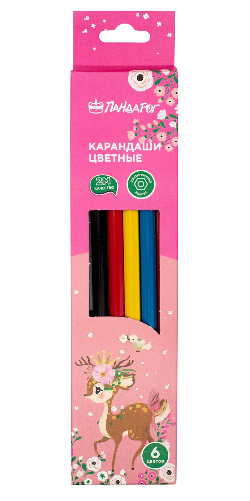 Карандаши цветные ПандаРог Олененок, 6 цветов, пластиковые, шестигранные