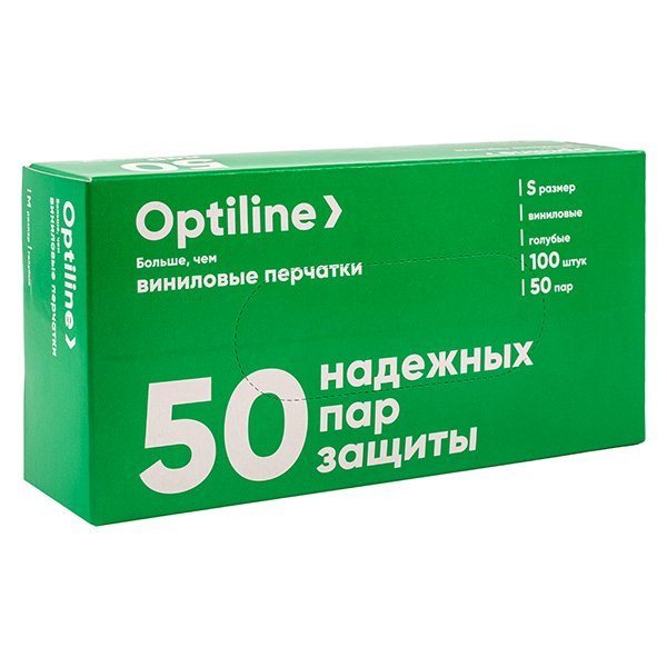 Перчатки виниловые неопудренные Optiline, размер S, голубые, 100 штук