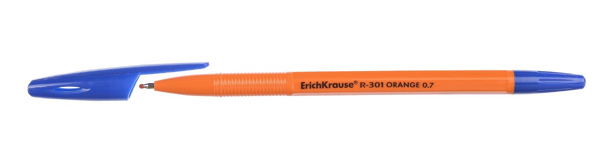 Ручка шариковая ErichKrause R-301 Orange (Эрих Краузе Оранж) с чернилами синего цвета. Эргономичный шестигранный корпус из оранжевого пластика, вентилируемый колпачок с клипом соответствует цвету чернил. Диаметр пишущего узла - 0,7 мм, толщина линии письма 0,35 мм. 
