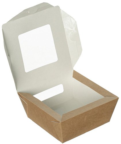 Упаковка Оригамо из крафтового картона, подходит для холодных и горячих блюд. Можно использовать для разогревания пищи в микроволновой печи. Неразъемная крышка и одна боковая стенка оснащены окошками. Объем 400 мл, размер 115х115х50 мм. В коробке 600 штук.