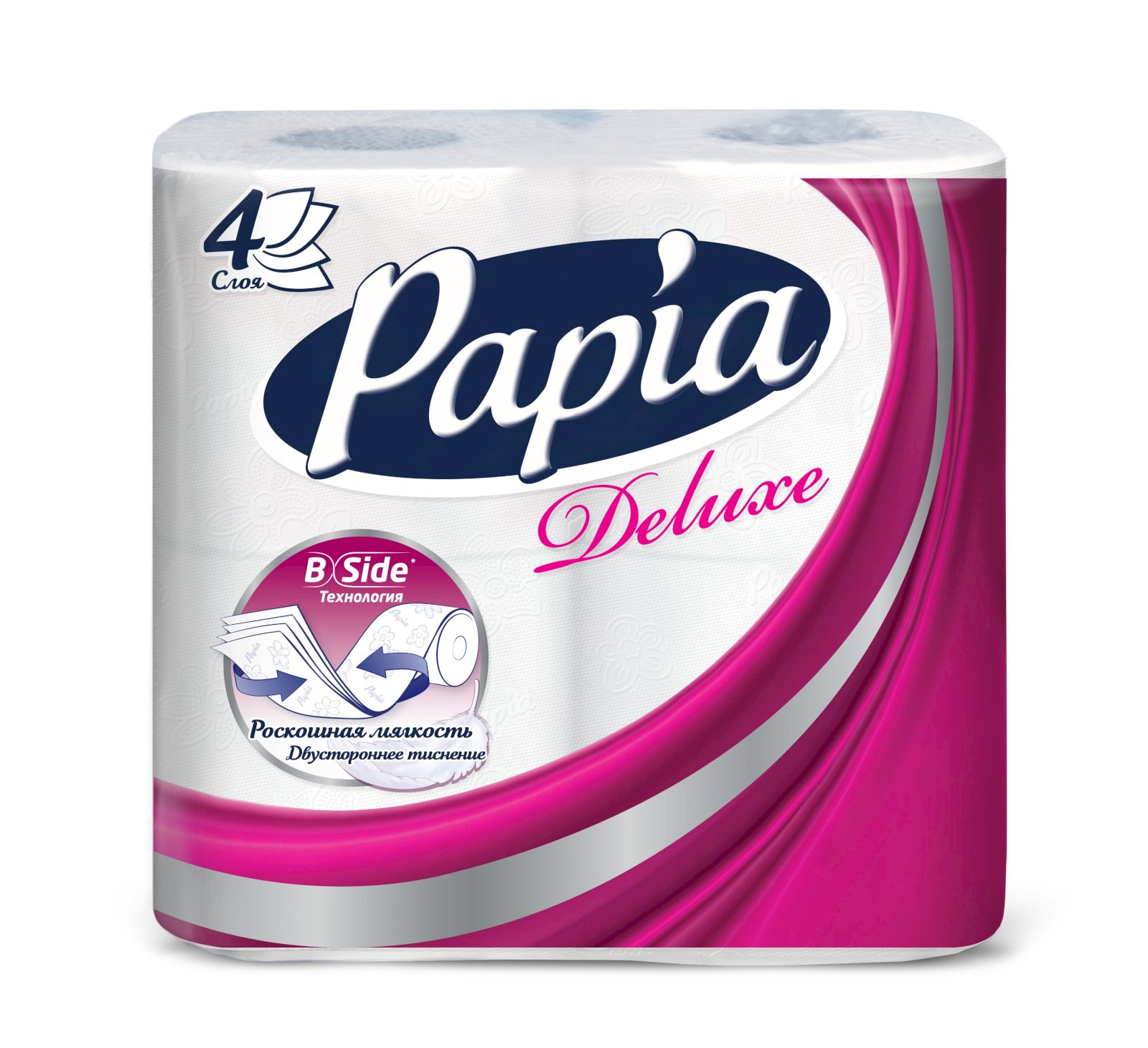 Туалетная бумага Papia Deluxe (Папиа Делюкс) — это идеальная белизна, мягкость и прочность. 4 слоя с двусторонним тиснением и перфорацией. Упаковка из полиэтилена по 4 рулона. В коробке 14 упаковок.