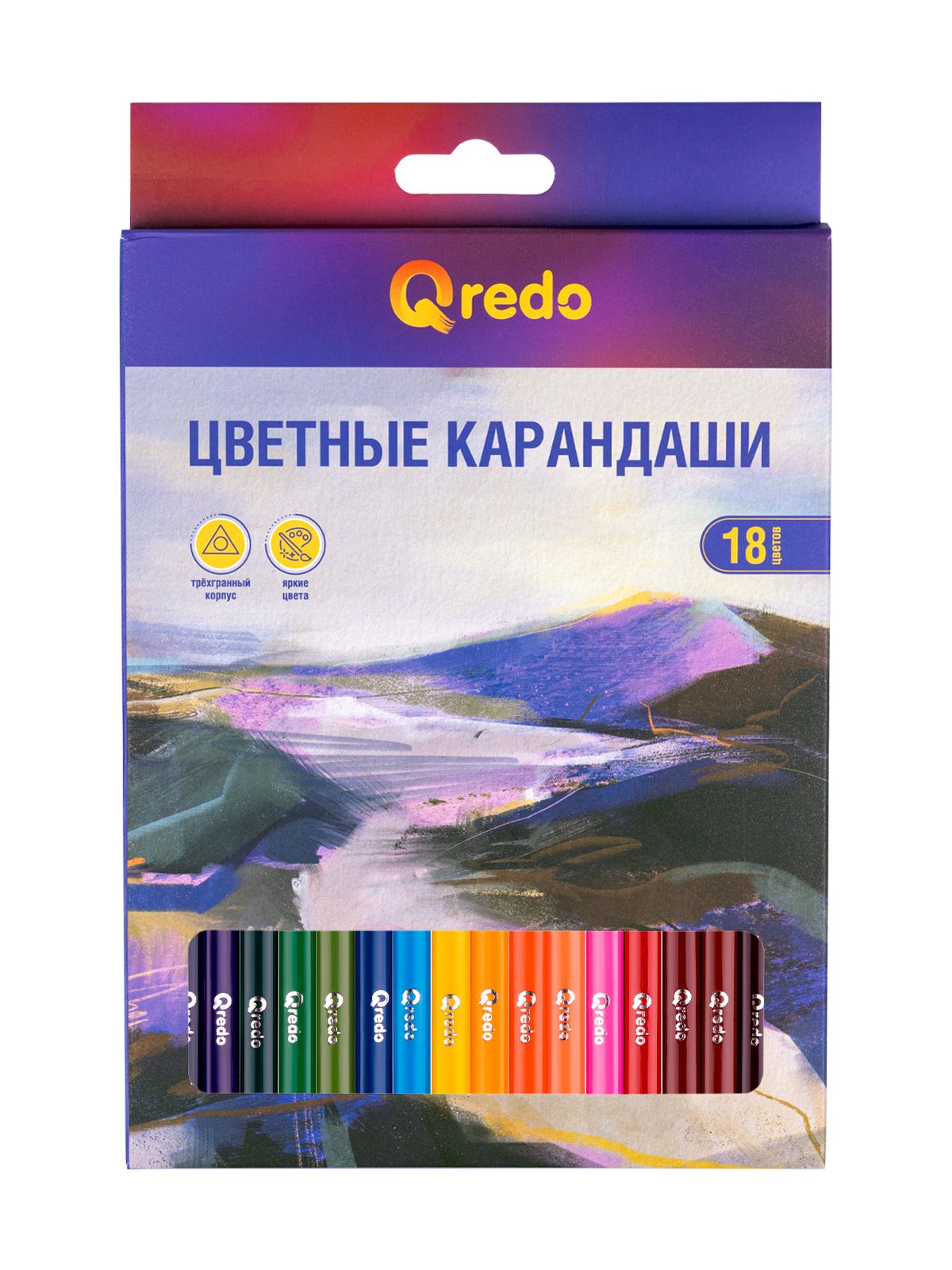 Карандаши цветные Qredo Mountain River выполнены из дерева. Имеют заточенный трехгранный корпус. В набор входят карандаши 18 цветов. Предназначены для детского творчества и оформительных работ. Цвета устойчивые к воздействию солнечного света. Длина карандашей 175 мм. Поставляются в цветной картонной коробке с европодвесом.