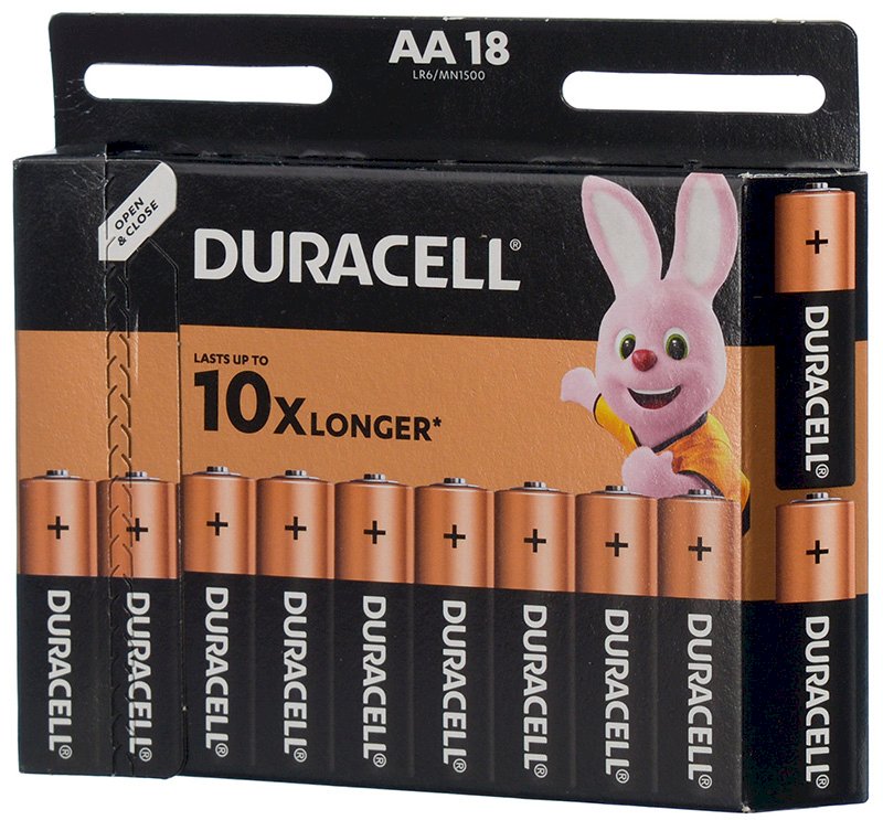 Алкалиновые батарейки Duracell Basic пальчиковые AA LR6, напряжение — 1,5 В. Обладают повышенной электрической емкостью. Изготовлены из экологически чистых материалов без содержания ртути и кадмия. Подходят для устройств с высоким потреблением энергии.  Батарейки размера AA — универсальные щелочные батарейки, которые станут надежным источником питания для часто используемых устройств, нуждающихся в дополнительной мощности, таких как механизированные игрушки, фонарики, портативные игровые консоли, пульты дистанционного управления, CD-плееры и т. д. Высококачественное внешнее нейлоновое покрытие защищает батарейки от протекания. Благодаря особой технологии Duralock неиспользованные батарейки Duracell могут сохранять заряд до 10 лет при хранении в обычных условиях
