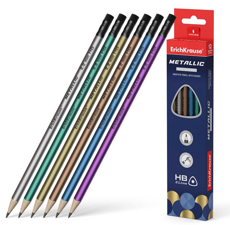 Карандаш чернографитный ErichKrause Metallic, трехгранный, HB, заточен, с ластиком, 12 штук в упаковке