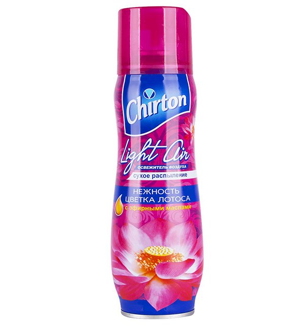 Освежитель воздуха Chirton Light Air (Чиртон Лайт Эйр) Нежность цветка лотоса  
«Чиртон» представляет новейшую серию освежителей для Вашего дома Лайт Эйр с его незабываемыми ароматами на любой вкус. Высокое качество позволит быстро избавиться от неприятных запахов в любом уголке Вашего дома. Современный дизайн и силуэт Chirton Light Air гармонично впишется в любой интерьер. Не содержит озоноразрушающих веществ, не оставляет пятен и следов на мебели и обоях.  

Способ применения: Хорошо встряхнуть баллон и, нажатием на клапан в течение нескольких секунд, распылить его содержимое вверх в центре помещения.
