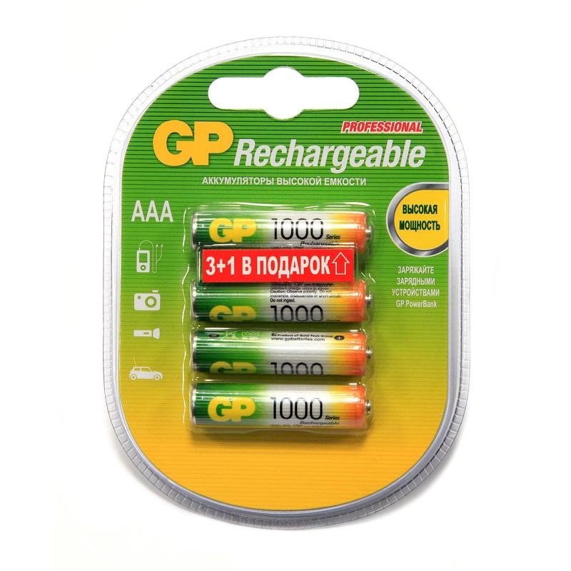 Аккумулятор GP 1000 mAh AAA/HR03 NiMH 4 штуки в упаковке