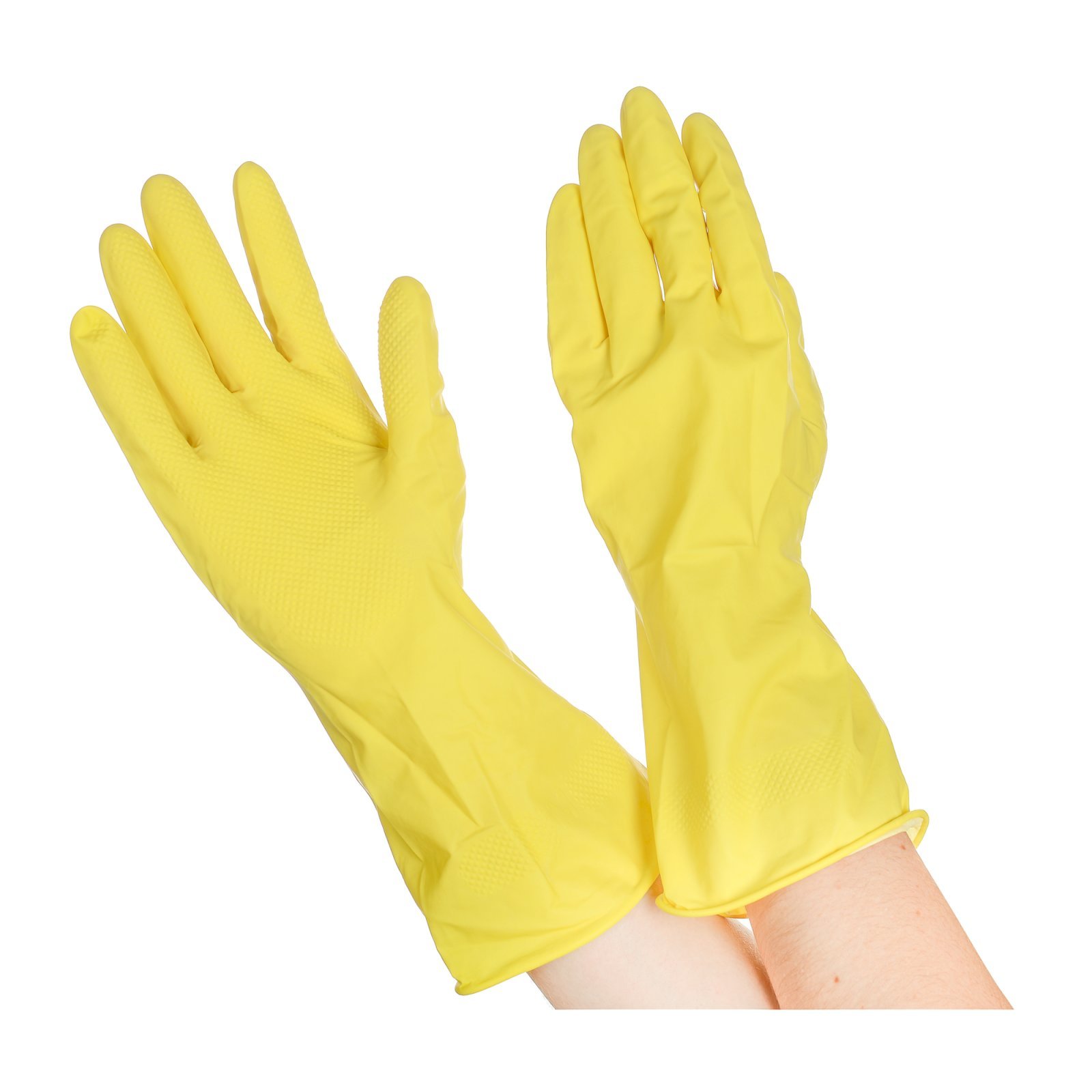 Перчатки резиновые хозяйственные Optiline с валиком. Предназначены для бытового использования во время уборки, стирки, мытья автомобиля, садовых работ. Размер L. Цвет желтый.